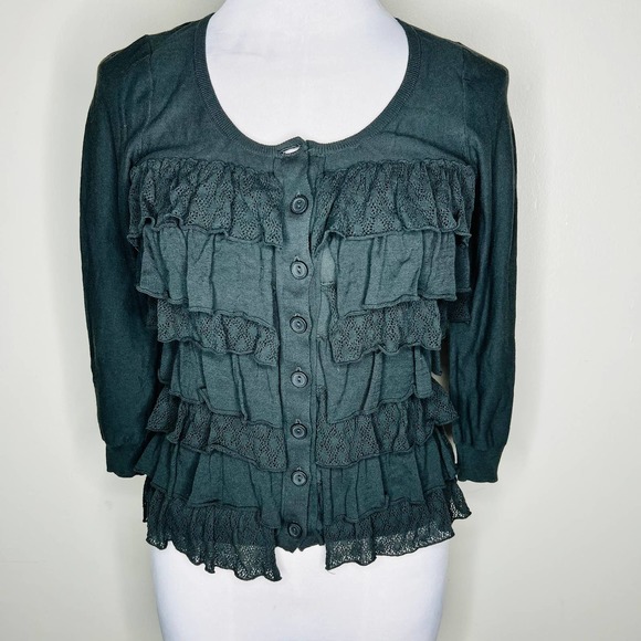 Anthropologie Sparrow Cardigan Sweater SMALL Black Ruffle Tiered Lace Button Up - Picture 1 of 6